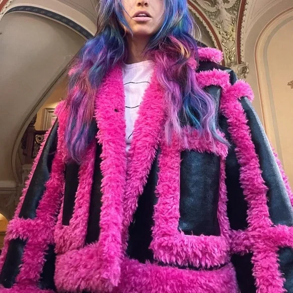 Stand Studio Fay Short in Black and Pink Faux Fur Coat - Picture 1 of 7